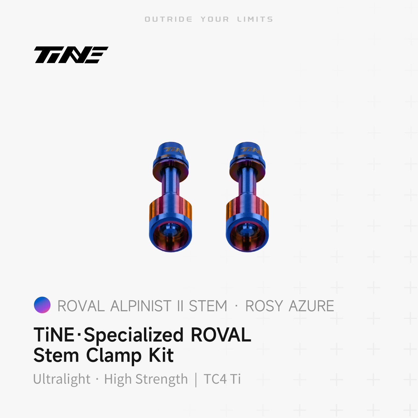 TiNE Specialized Roval Rapide integrated handlebar lock nuts in blue-pink titanium, Alpinist II clamp kit