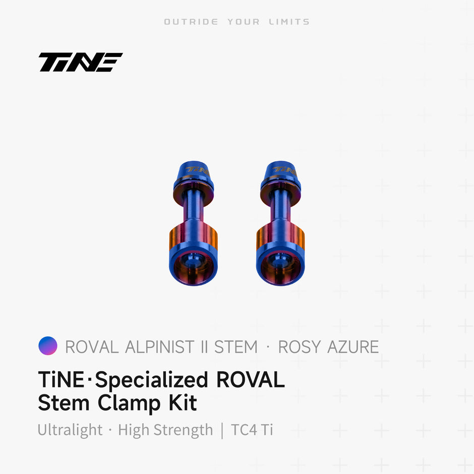 TiNE Specialized Roval Rapide integrated handlebar lock nuts in blue-pink titanium, Alpinist II clamp kit